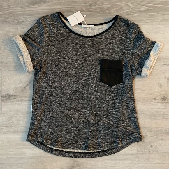 Black Vegan Leather Pocket Sweatshirt Top - Picture 6 of 7